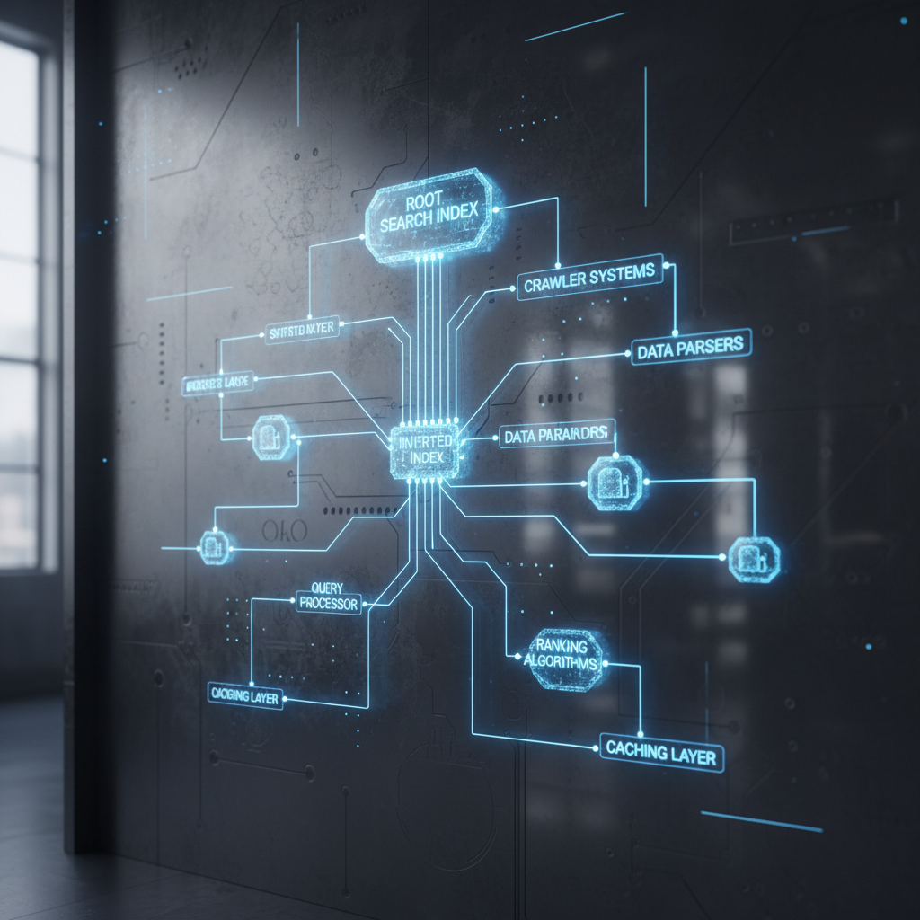 A futuristic digital architectural blueprint of a website structure showing interconnected nodes and data streams.