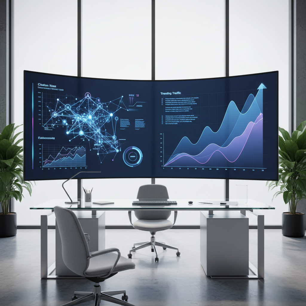 A sophisticated mission control dashboard showing real-time SEO data visualisations and growth curves.