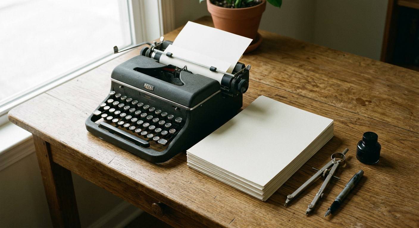 A vintage typewriter on a dark oak desk with a stack of manuscript paper and a fountain pen, lit by a soft morning sun.