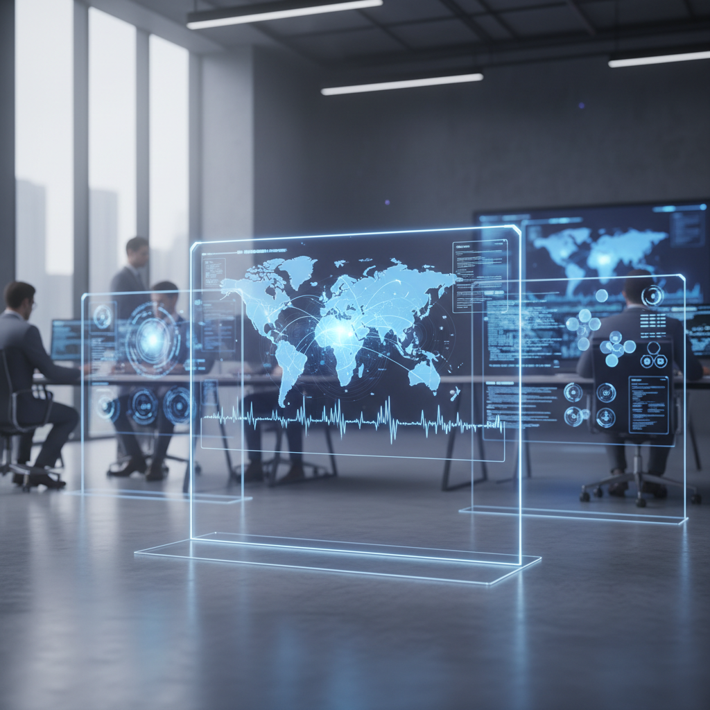 A futuristic operations center with holographic data visualizations of global search trends and connectivity graphs.