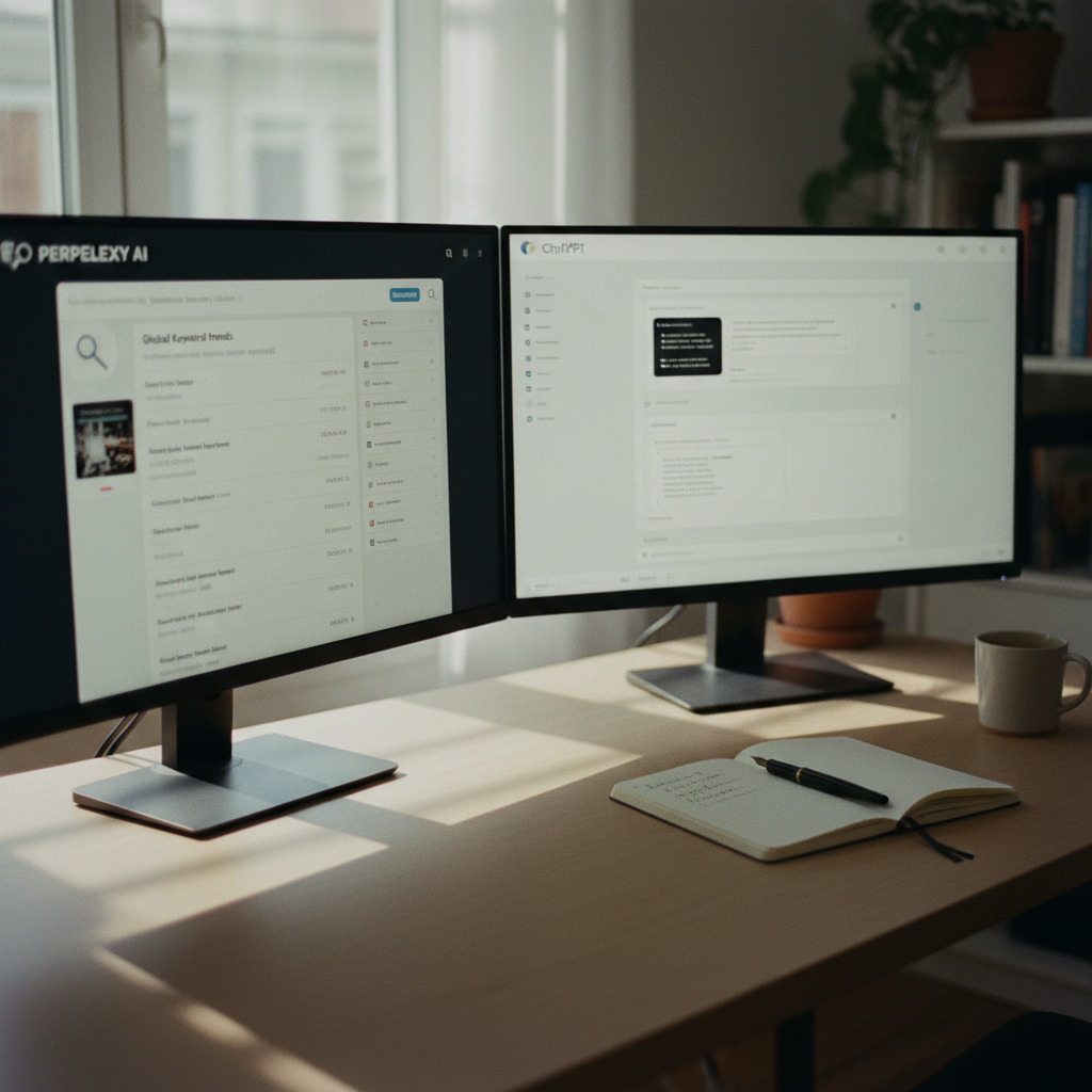 An analyst's desk with multiple monitors showing different AI chat interfaces like ChatGPT and Perplexity.