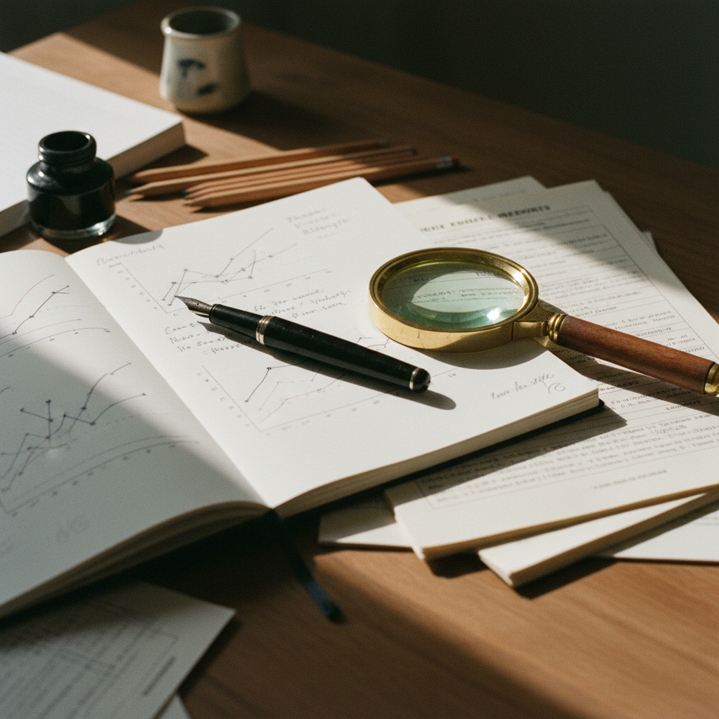 A close-up shot of a vintage mahogany desk with a notebook, a fountain pen, and a magnifying glass resting on a stack of printed data charts.