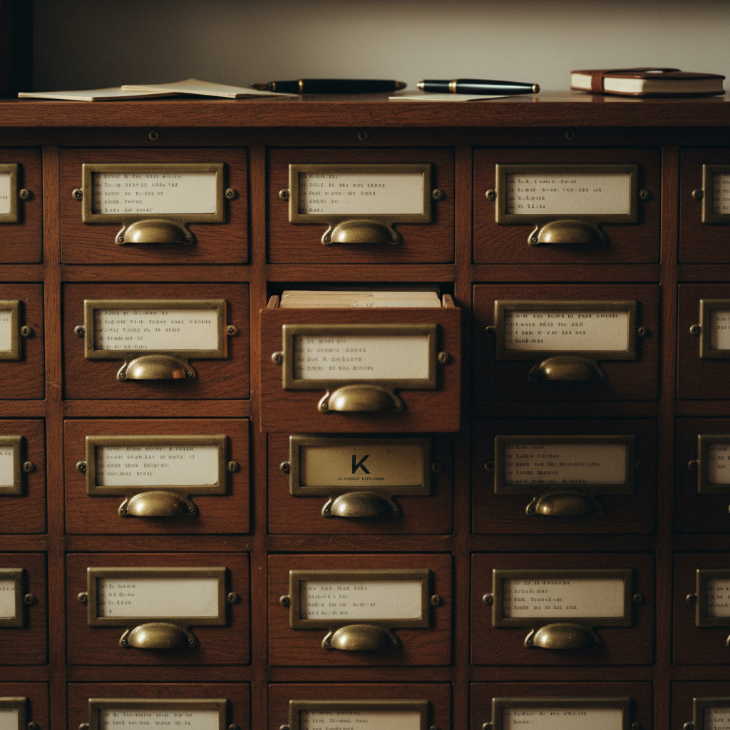 A wall-mounted wooden cabinet with many small labeled drawers, similar to a library card catalog, representing structured data.
