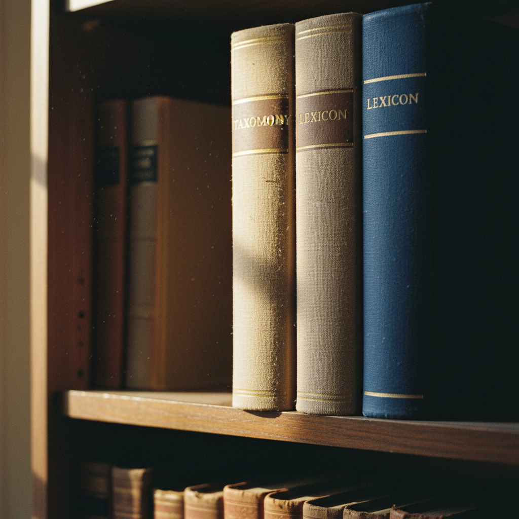 A dense library shelf focusing on several thick, weathered reference volumes and leather-bound encyclopedias, symbolizing structured data and entity depth.