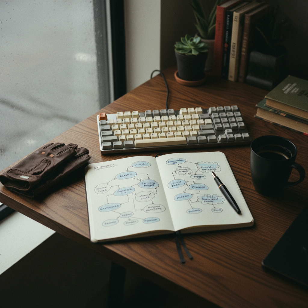 A close-up of a designer's desk with a vintage mechanical keyboard, a well-worn notebook with hand-drawn site maps, and a steaming ceramic mug. Warm morning light through a window.