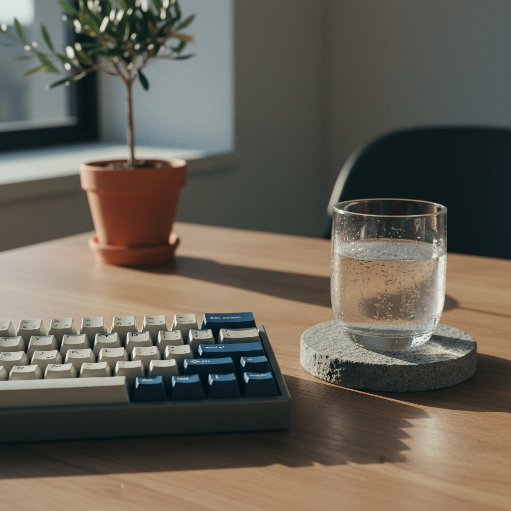 Close-up of a high-end mechanical keyboard and a glass of water on a stone surface.