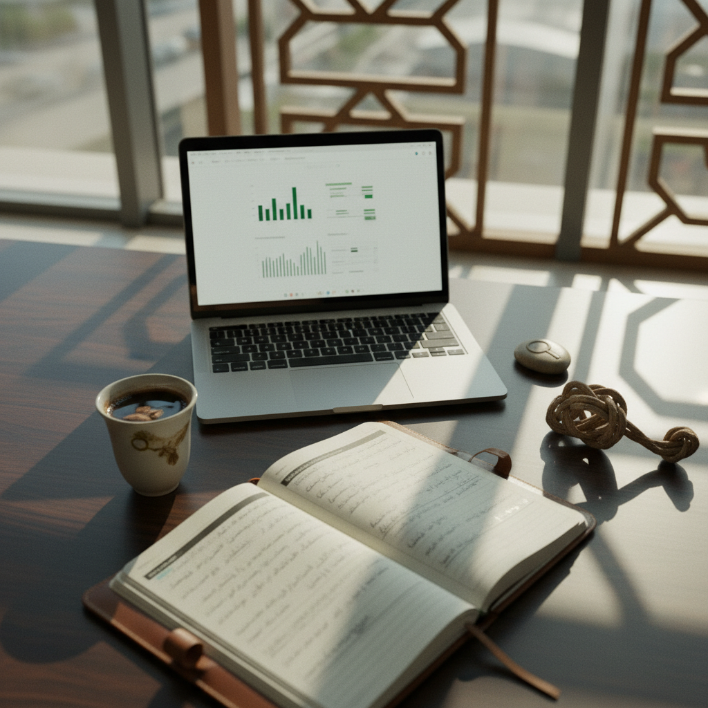 A high-quality minimalist desk with a notebook, a traditional Saudi coffee cup, and a sleek laptop showing a complex data dashboard.