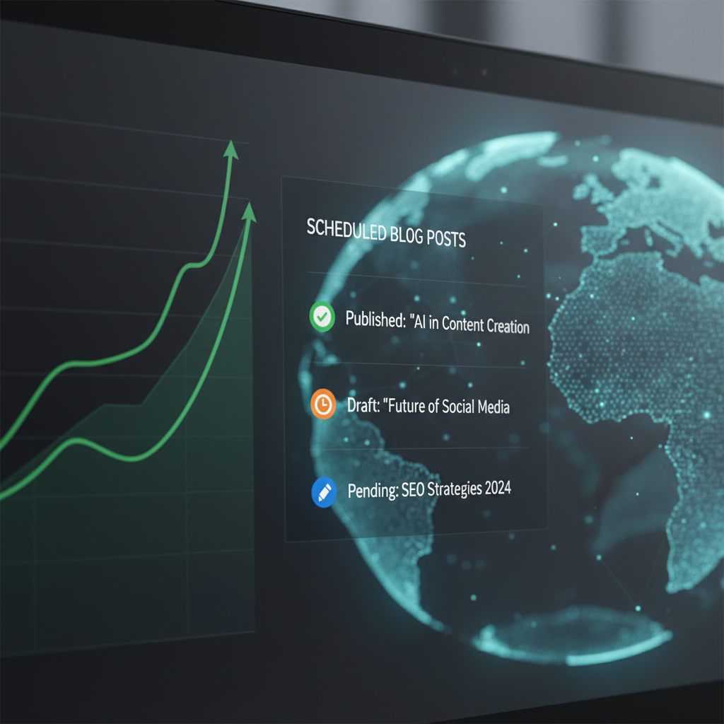 A clean, modern dashboard showing an automated SEO content pipeline with growth charts.