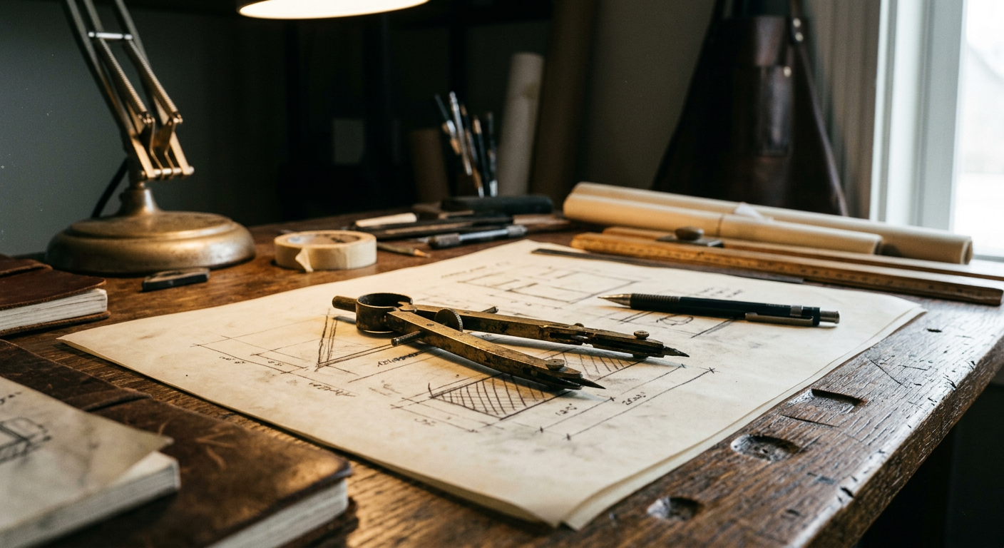 A close-up of an architect's drafting table with a compass, a metal ruler, and a detailed blueprint under a soft lamp.