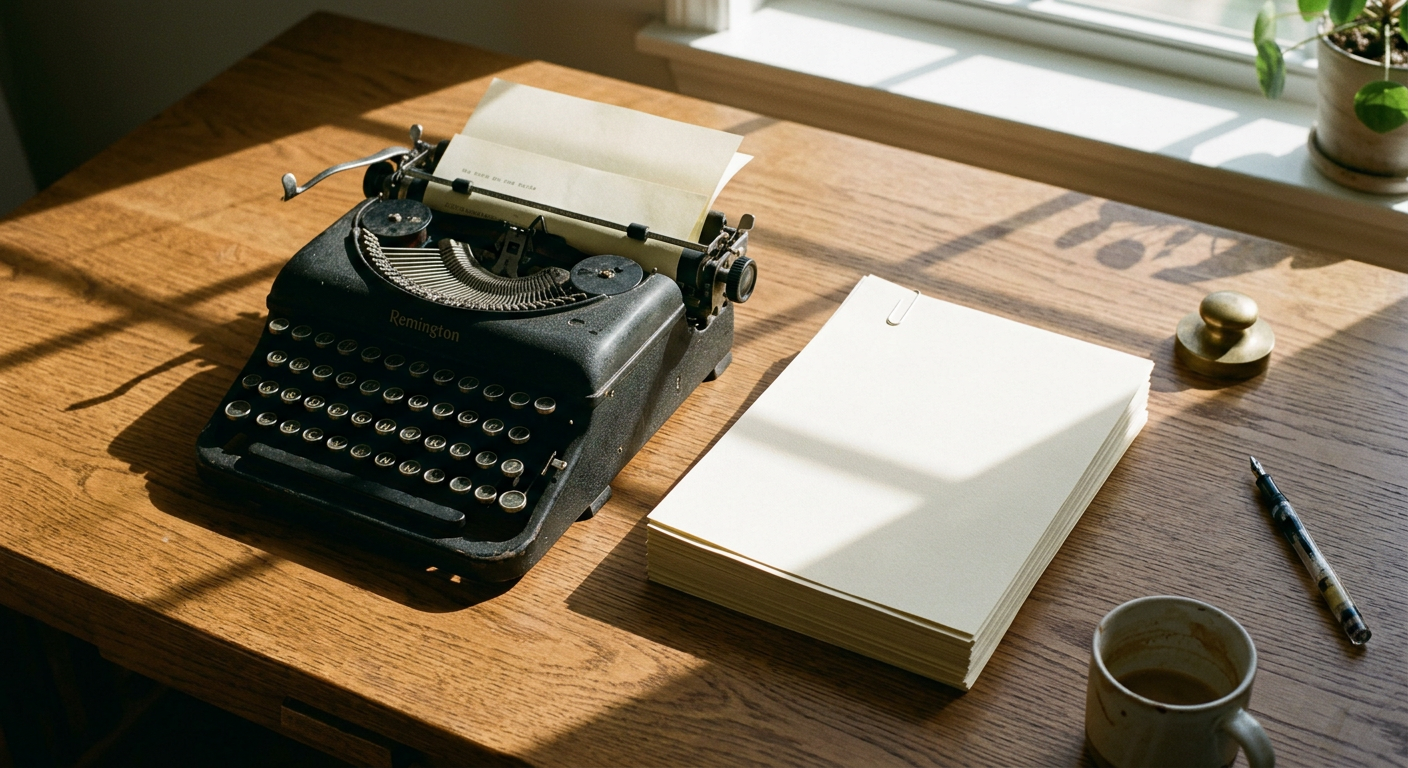 A clean, minimalist desk with a vintage typewriter, a stack of blank high-quality paper, and a morning shadow from a nearby window.