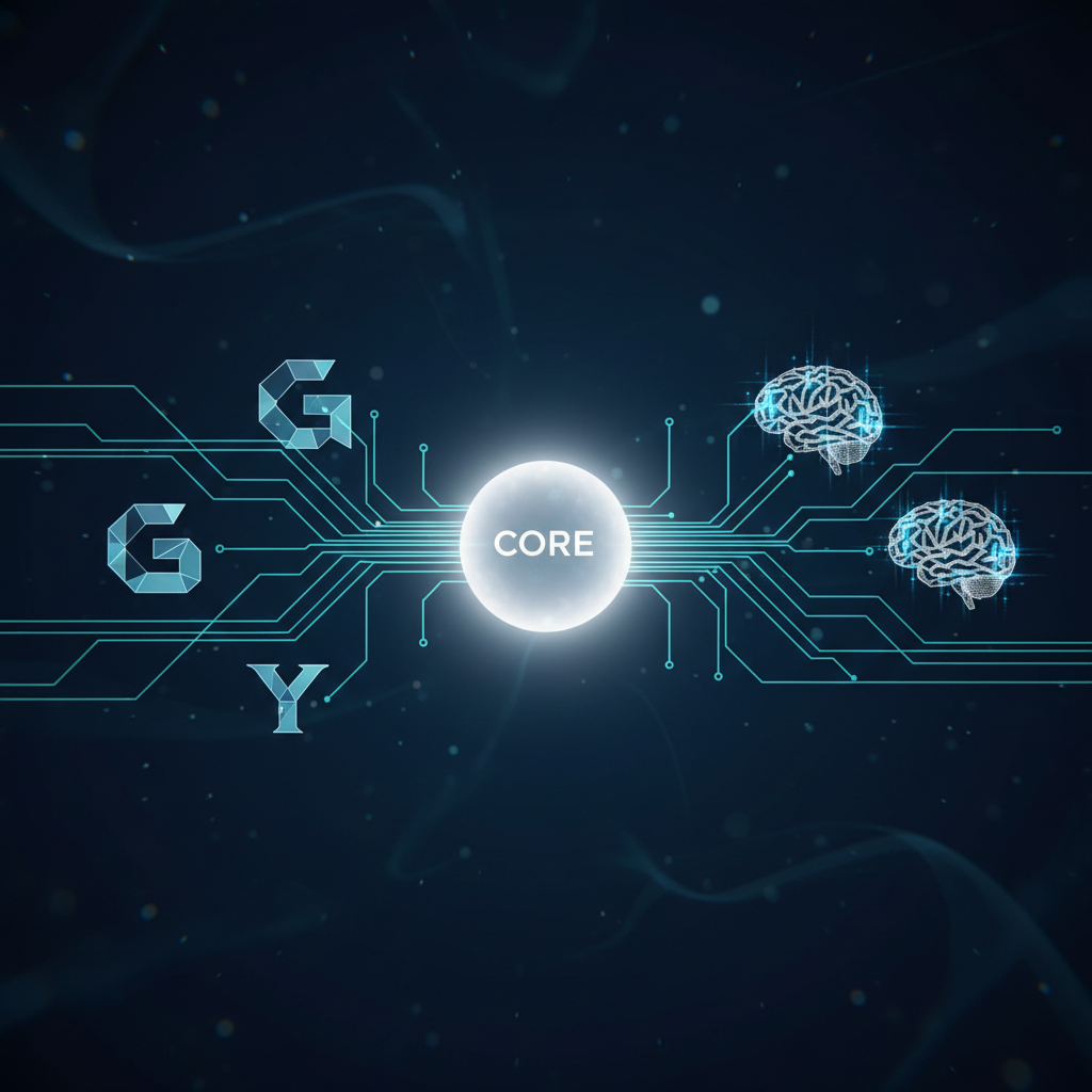 A conceptual diagram showing a central hub connecting various search engines and AI models through glowing lines of data.