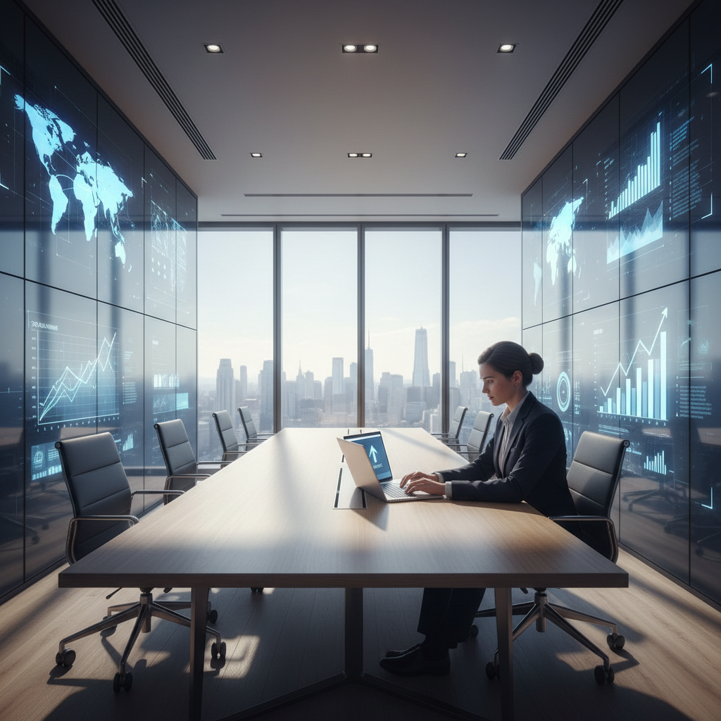 A futuristic workspace with large holographic displays showing global data maps and search engine growth metrics.