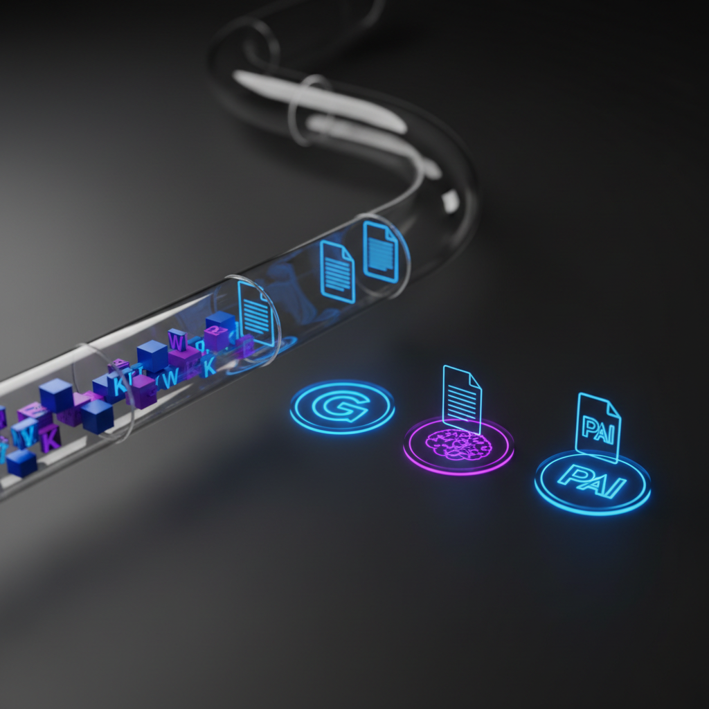 A high-tech dashboard showing a glowing automated SEO pipeline with data flowing into various search engine logos.