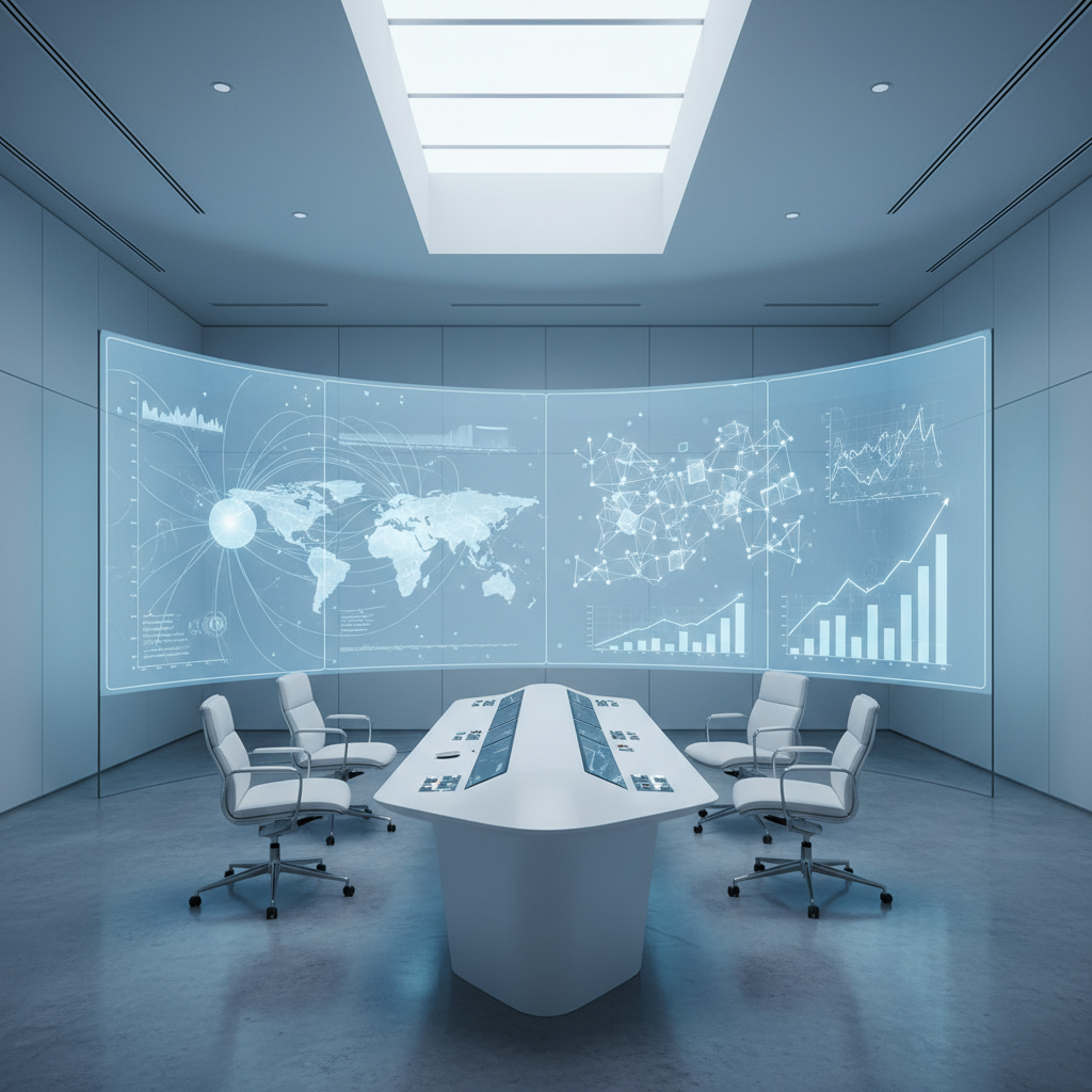 A sophisticated control center with holographic data streams representing global web traffic and search rankings.
