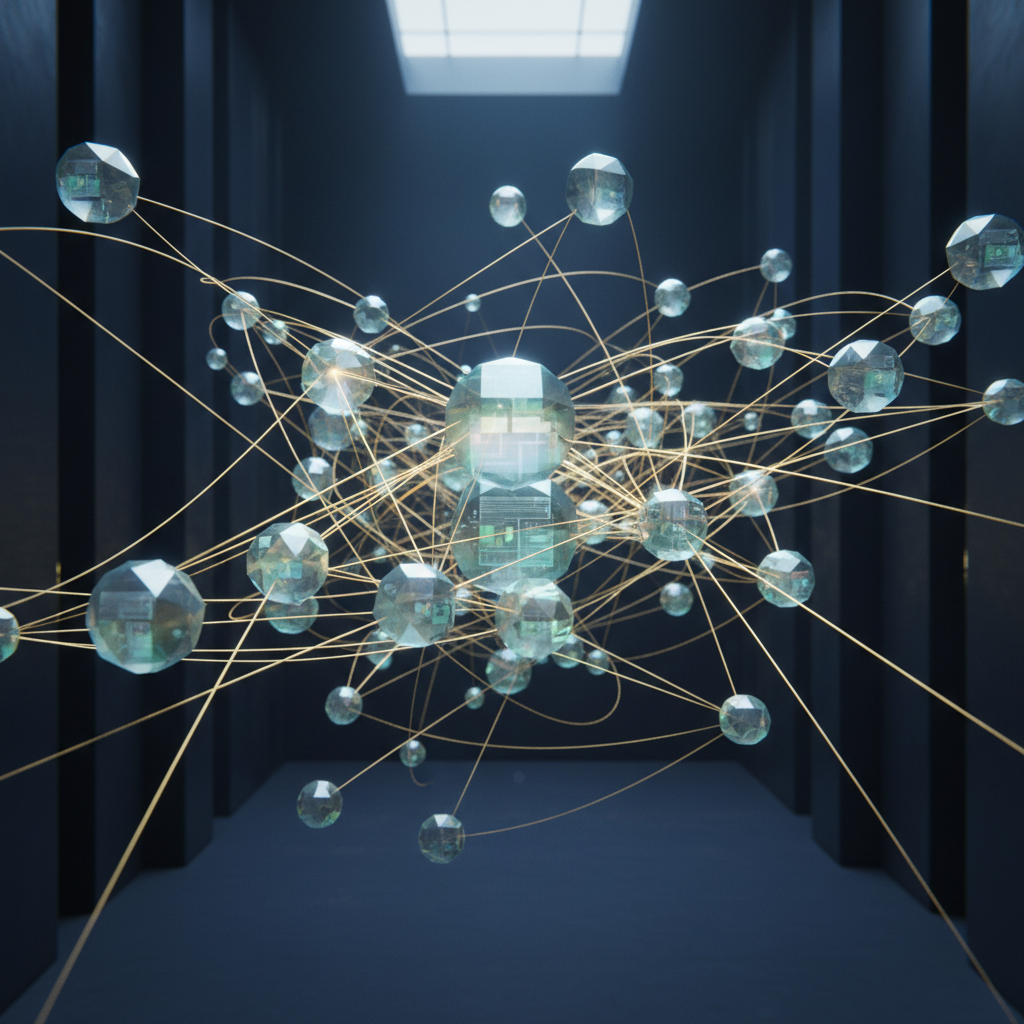 An intricate web of interconnected digital nodes representing an automated internal linking structure.