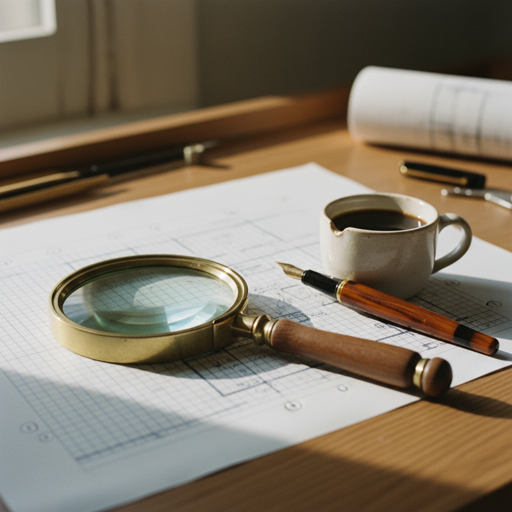 Close up of a classic 1970s architect desk with a drafting compass, a magnifying glass, and a stack of textured grid paper.