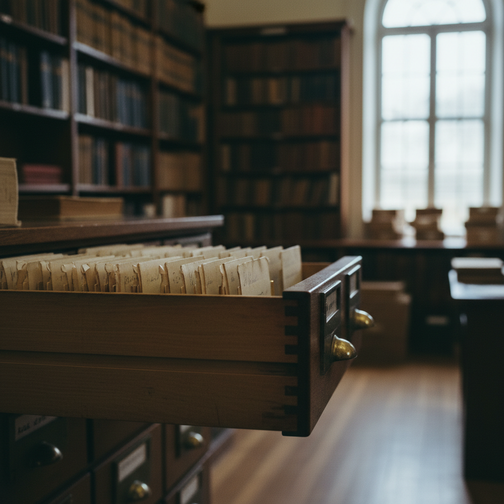 A series of interconnected library index cards in a wooden drawer, symbolizing a citation network.