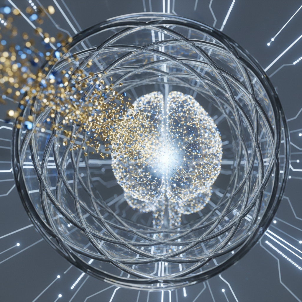 A high-speed digital data stream flowing into a glowing neural network cloud representing AI processing.