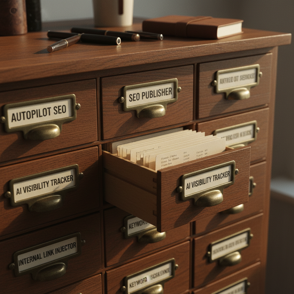 A vintage library indexing cabinet with wooden drawers and small paper labels.
