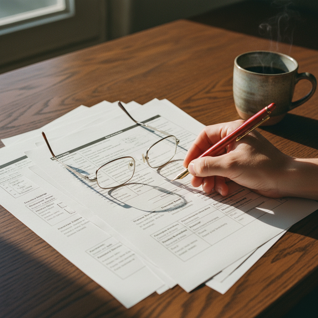 A close-up of a minimalist workspace with a focused editor reviewing a printed manuscript with red ink.