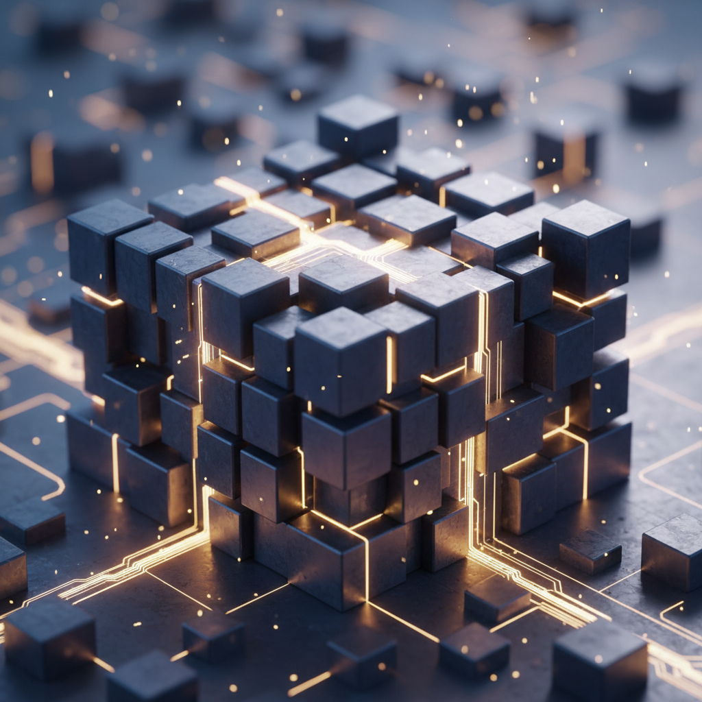 An abstract visualization of structured data and schema markup as a digital foundation.