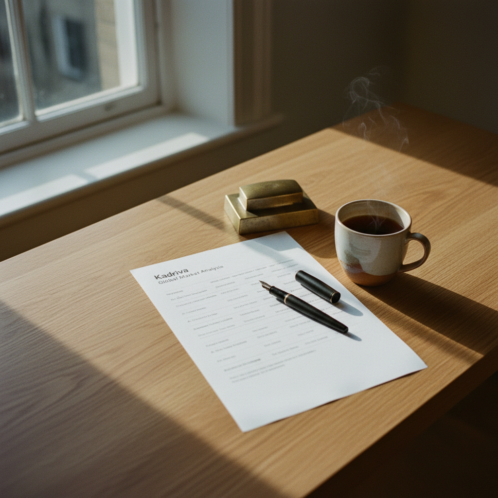 A minimalist wooden desk in a Dublin office featuring a printed spreadsheet of SEO data and a fountain pen.