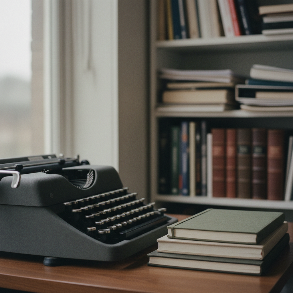 Close-up of a vintage mechanical typewriter and modern data journals on a shelf.