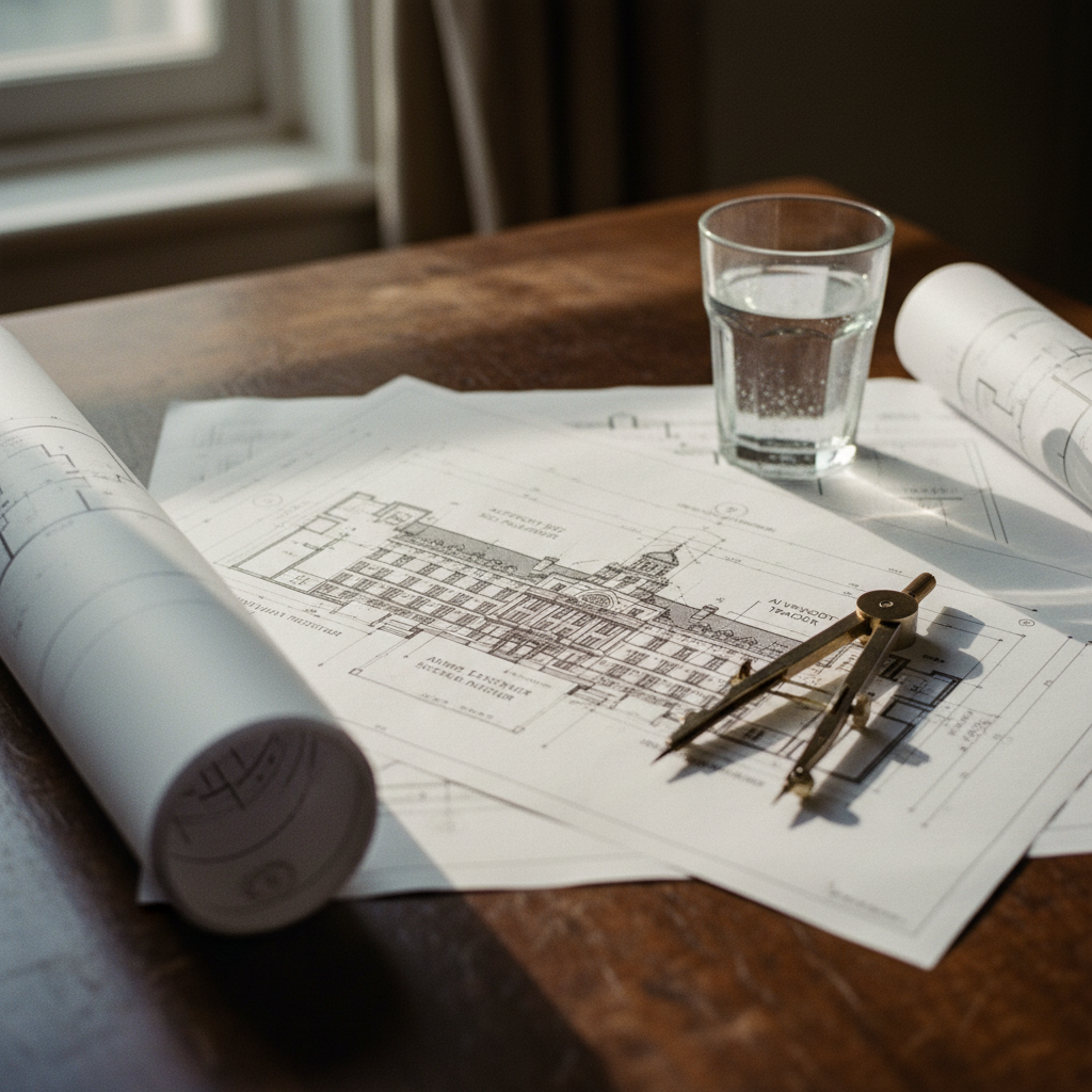 A high-angle, close-up shot of an architectural blueprint spread across a dark oak desk in a London studio.