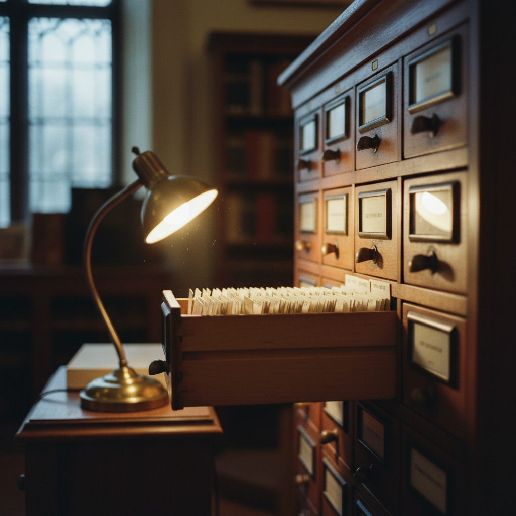 A vintage library index card cabinet with several drawers slightly open, showing meticulously organised cards.