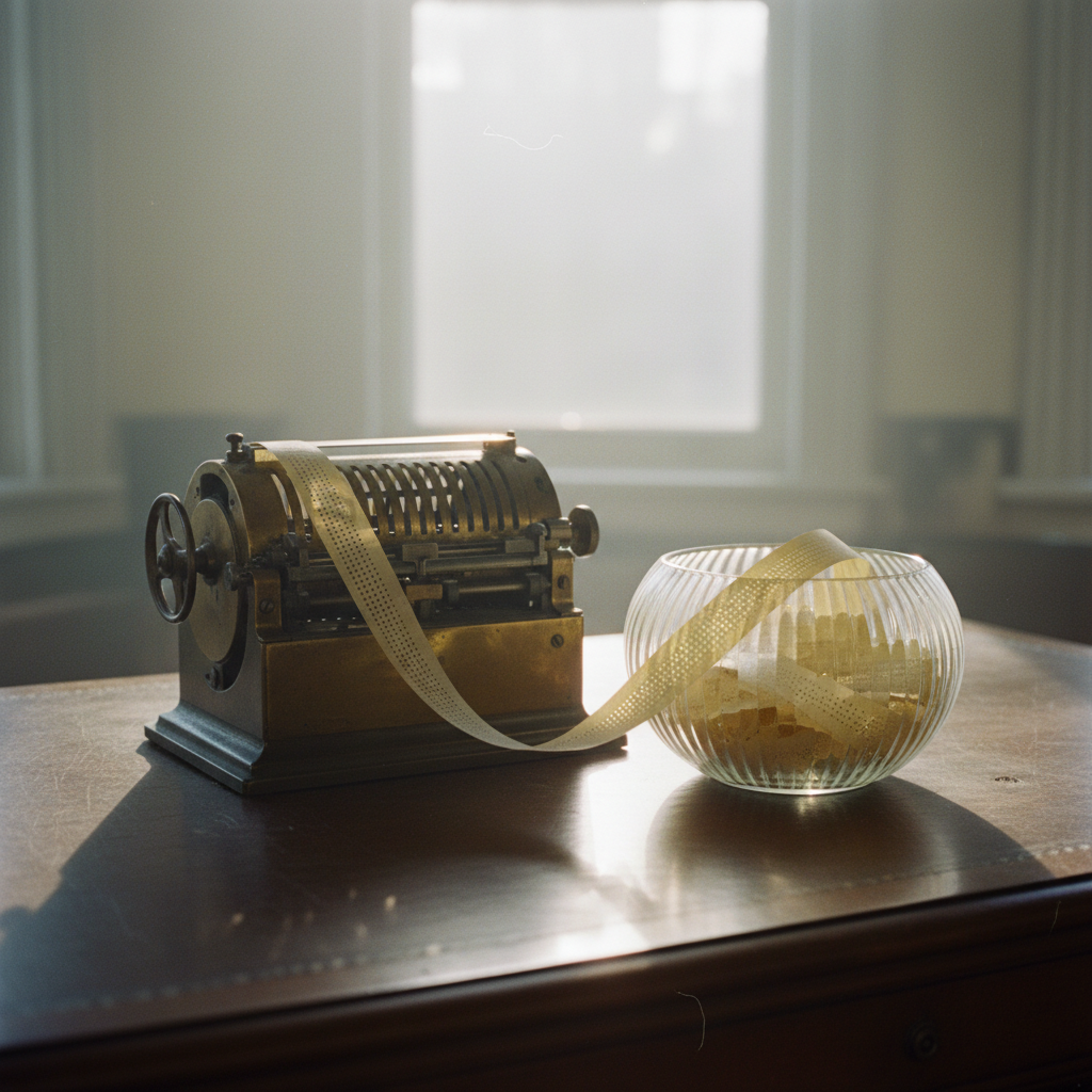 A vintage mechanical ticker tape machine on a dark wooden desk with soft morning light.