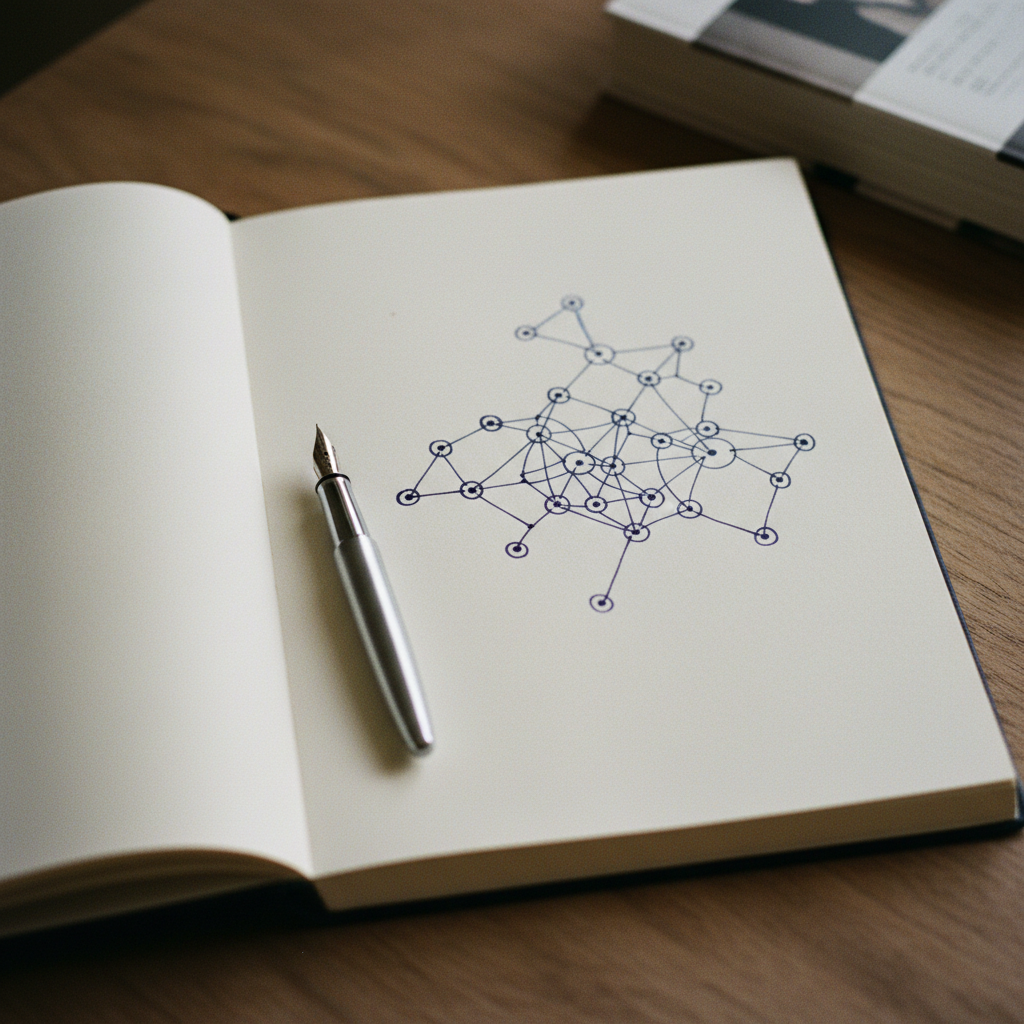 A hand-drawn network diagram on heavy parchment paper with a fountain pen resting nearby.