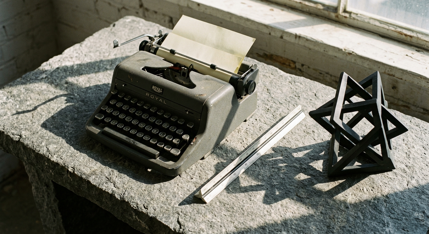 A minimalist, high-end desk workspace with a vintage typewriter, a modern architect's ruler, and a stark black architectural model of a skyscraper on a grey stone surface. Sunlight streams in from a high window.