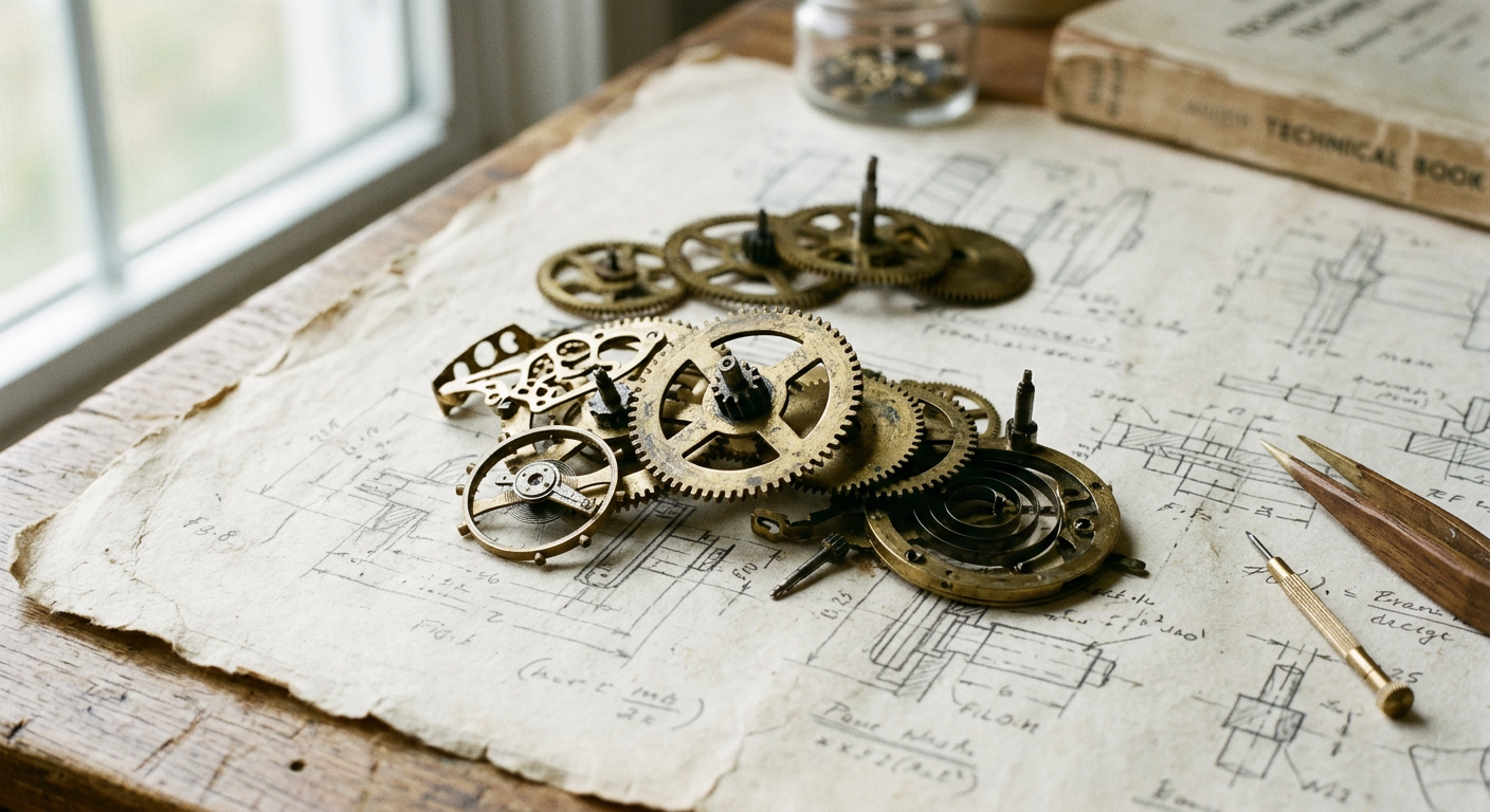 A collection of various sized gears and clockwork components resting on a piece of thick, textured parchment paper with hand-drawn technical diagrams. In the background, a small brass inkwell.