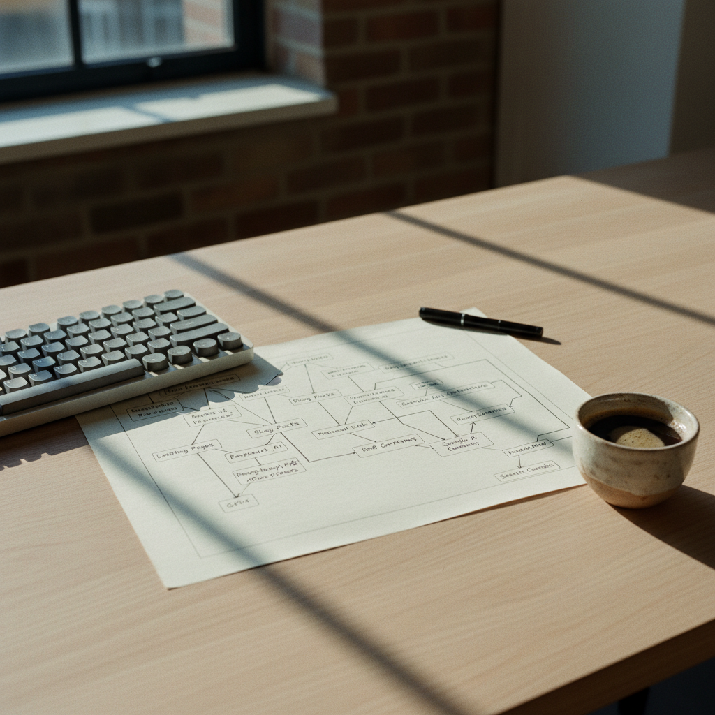 A minimalist Dutch workspace with a high-end mechanical keyboard, a glass of water, and a printed SEO report on a light oak desk.
