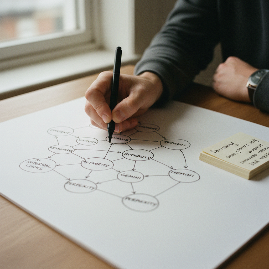 A hand-drawn mind map on a large whiteboard showing the interconnectedness of SEO topics and clusters.