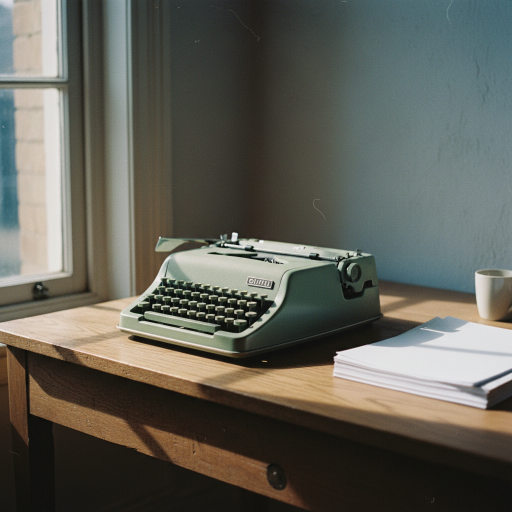 A high-end typewriter on a minimalist wooden desk with a stack of fresh paper and a morning sunlight coming through the window.