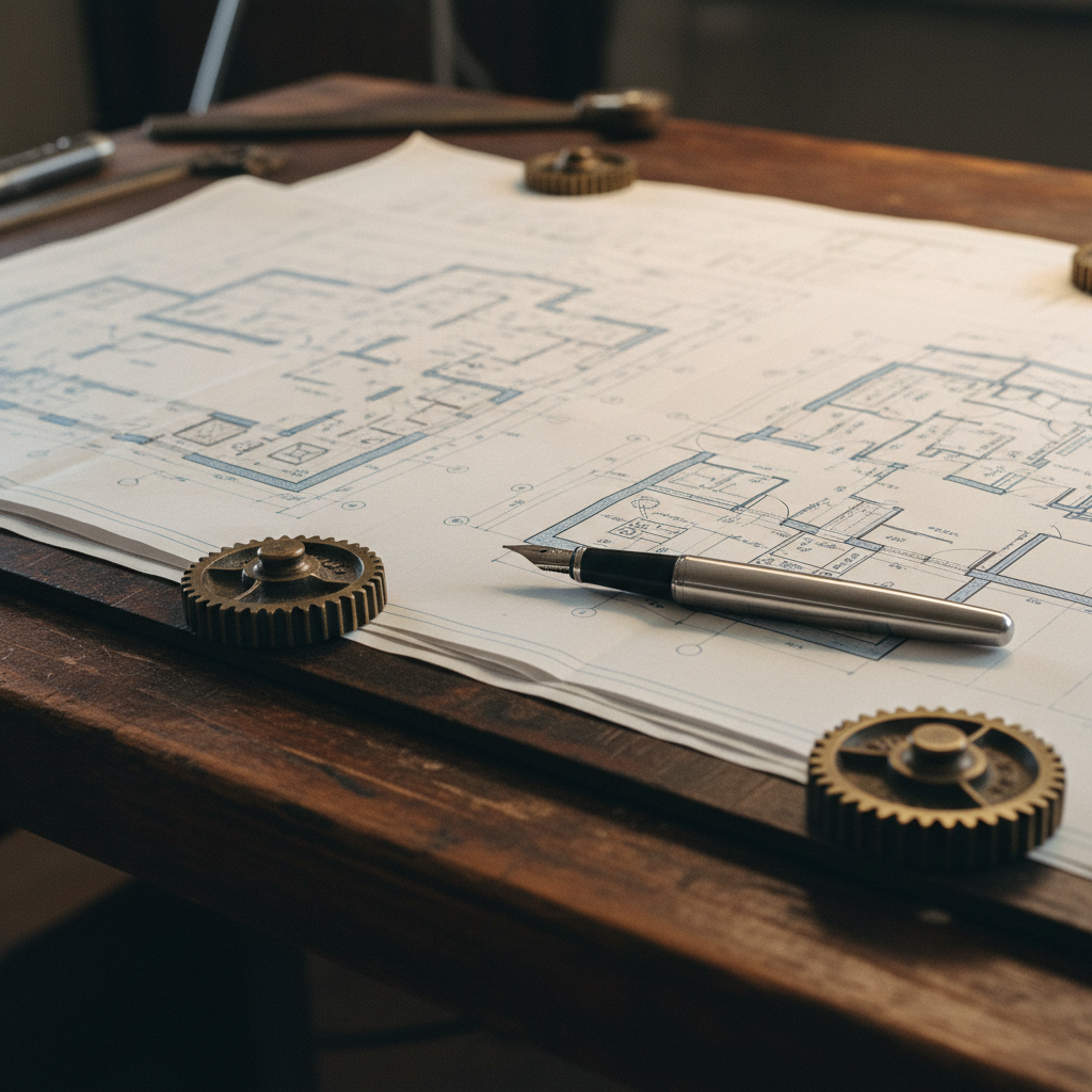 A close-up of a drafting table with architectural blueprints and a professional silver fountain pen.