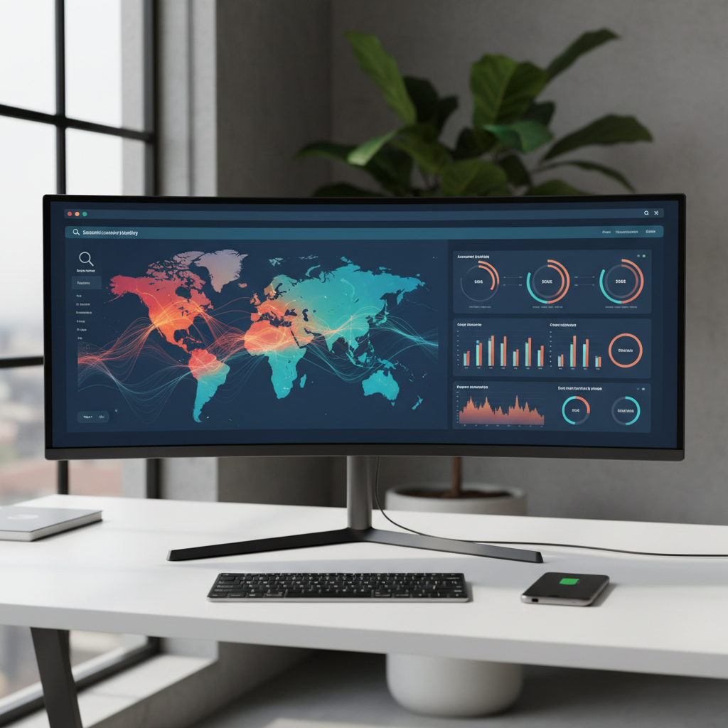 A sleek digital dashboard showing automated SEO growth charts and global search visibility metrics.