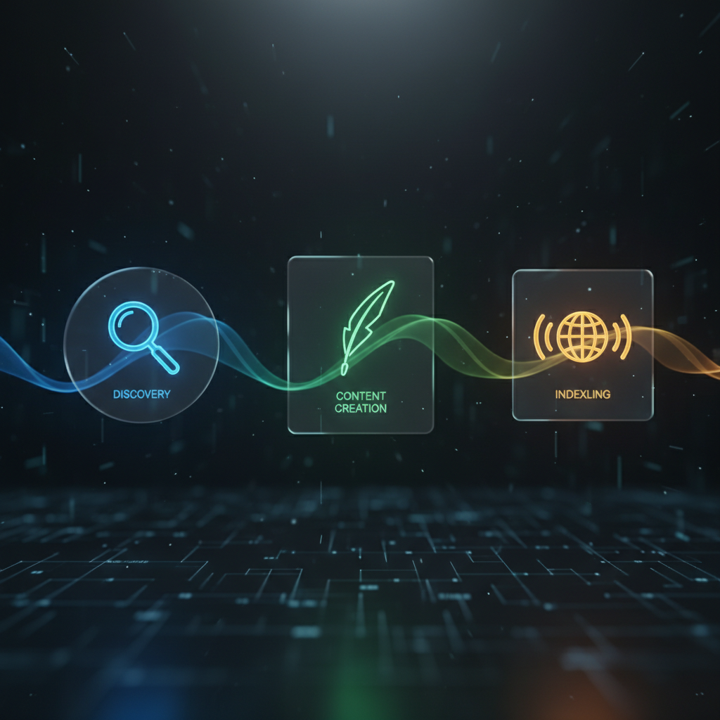 A flow diagram representing the automated transition from keyword discovery to live web pages.