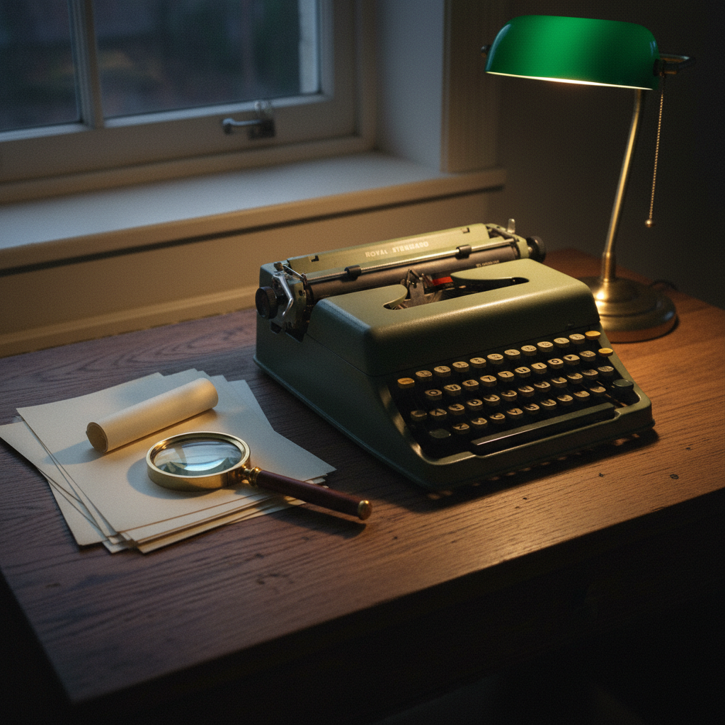 A dark wooden desk with a vintage typewriter, a stack of blank thick-stock paper, and a single brass magnifying glass under warm desk lamp light.