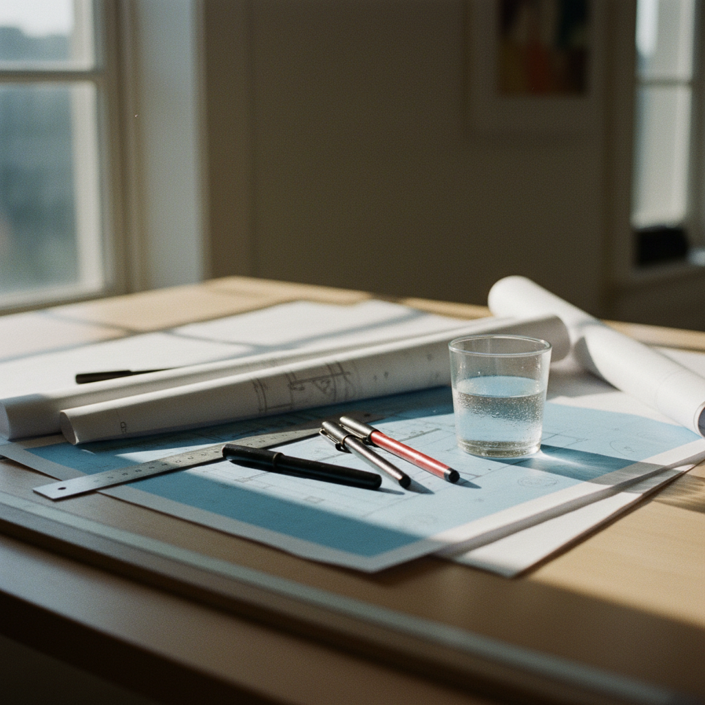 A collection of architectural blueprints and fine-tipped technical pens spread across a large drafting table in a bright studio.