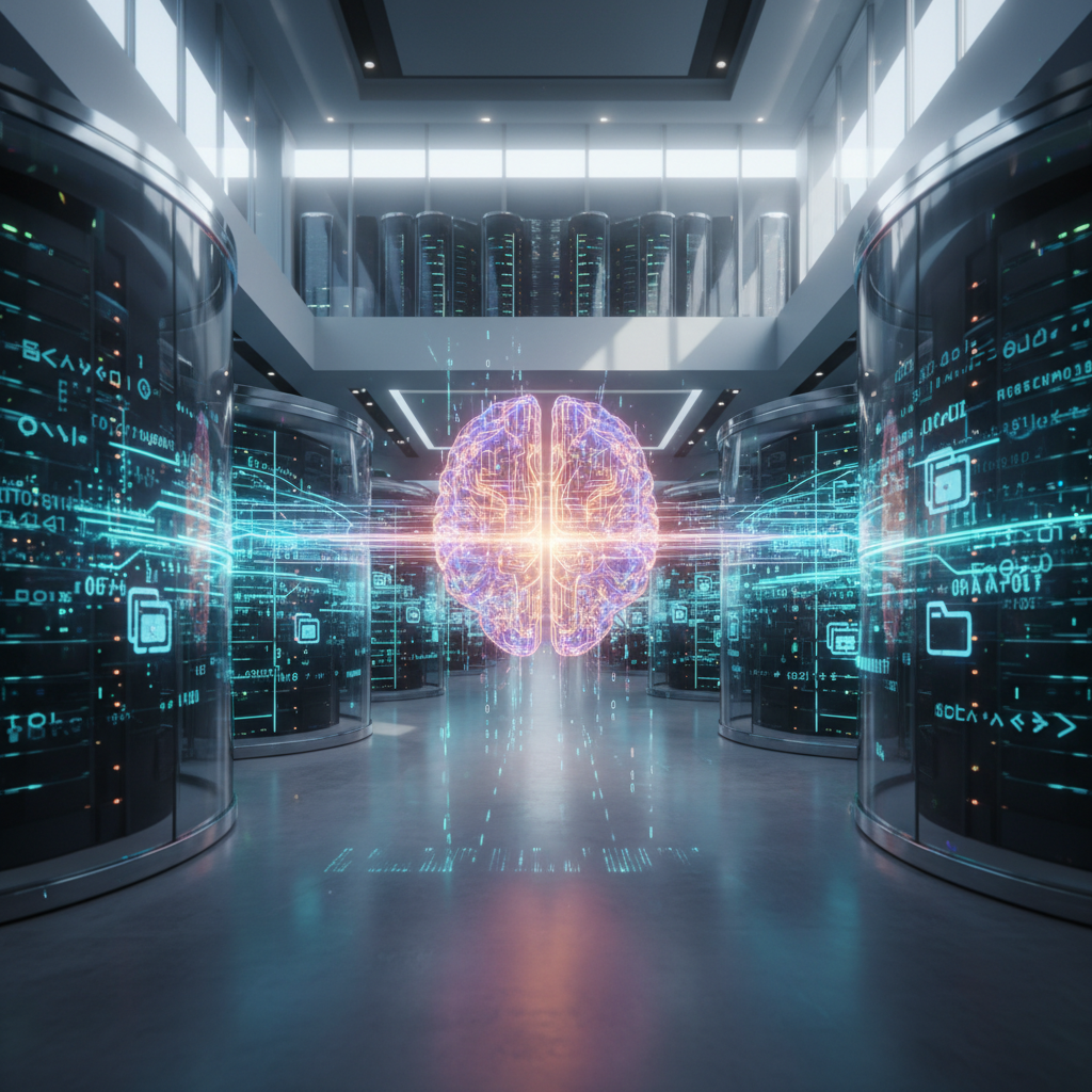 An AI engine processing decentralized data from various software directories.
