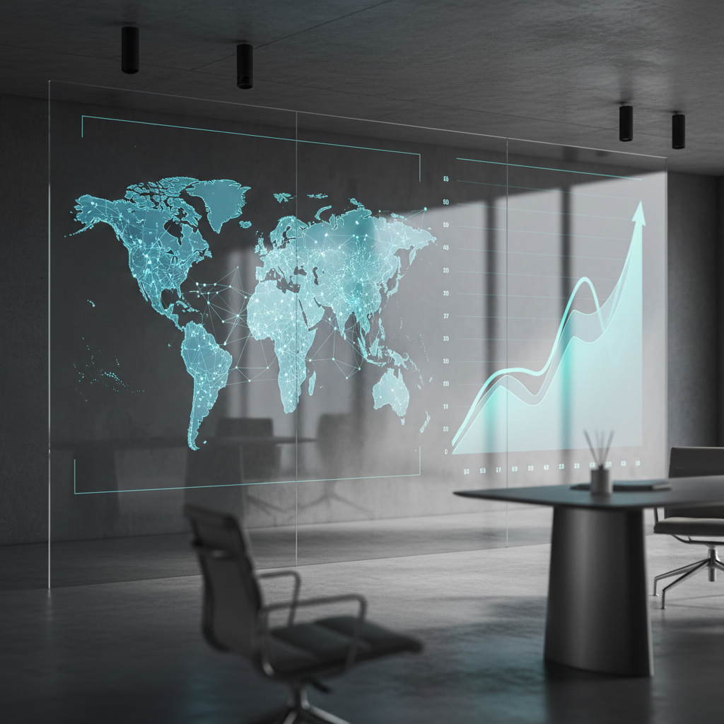 A futuristic command center visualizing global search data and AI connections.