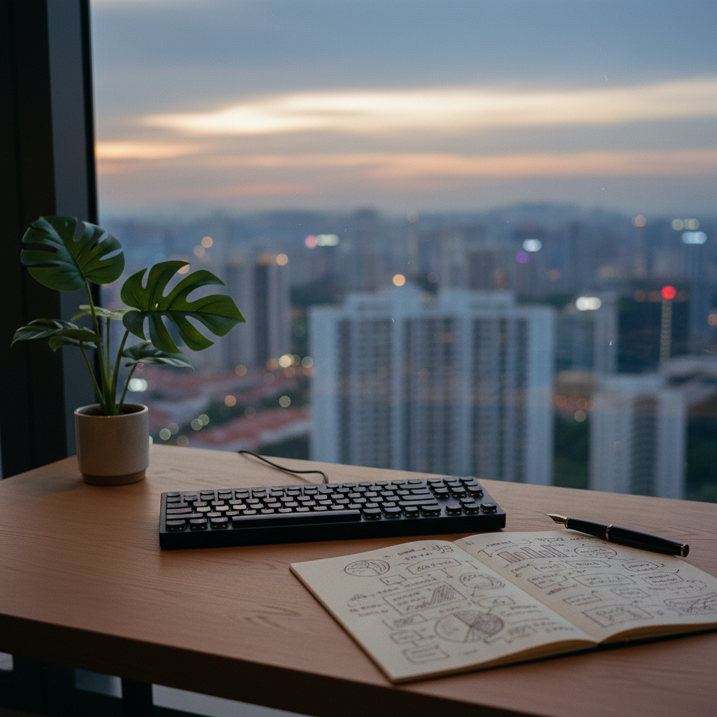 A minimalist desk in a bright Singapore office with a notebook and a high-end mechanical keyboard.