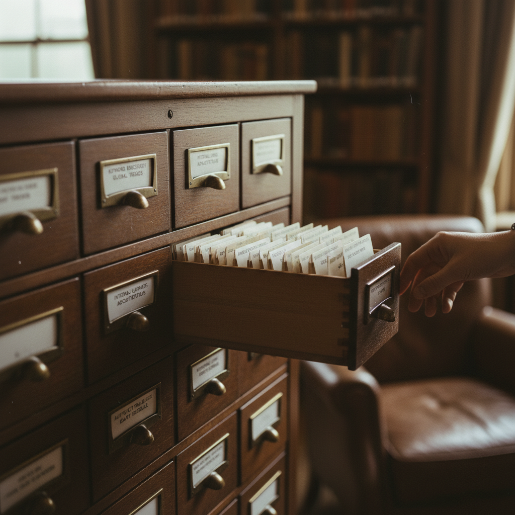 An antique library filing cabinet with weathered wooden drawers, one drawer slightly open revealing organized index cards.