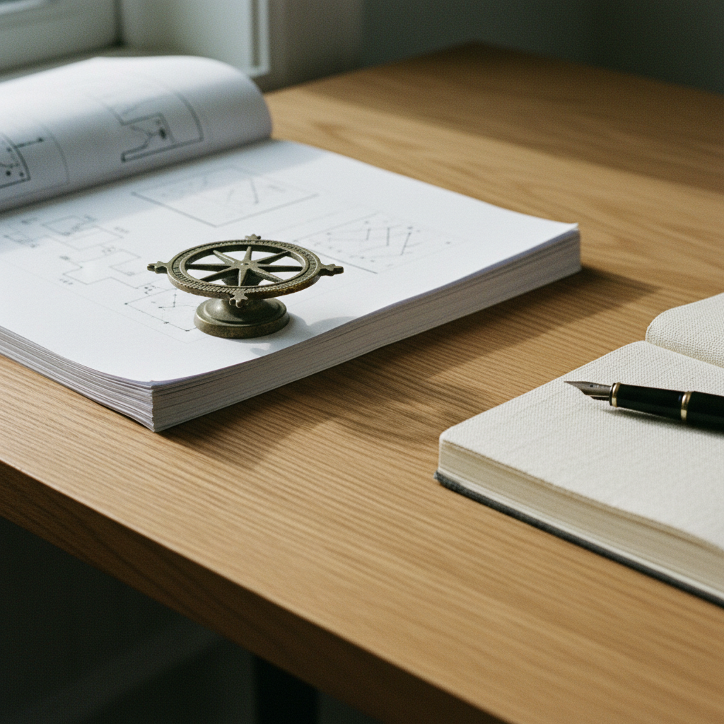 A minimalist wooden desk with a stack of technical journals, a fountain pen, and a small brass hourglass, bathed in morning side-light.