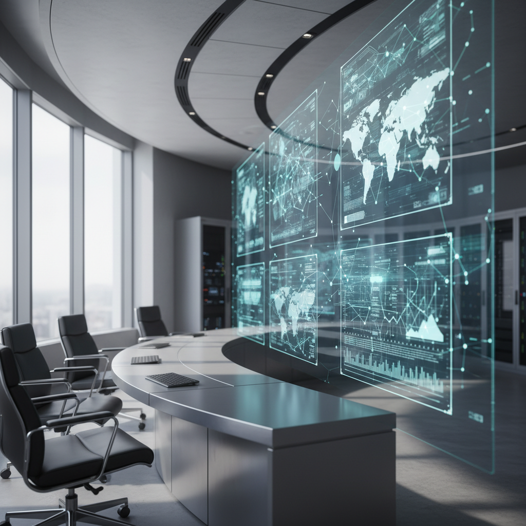 A high-tech digital control center showing real-time SEO data streams and automated workflows on large glass screens.