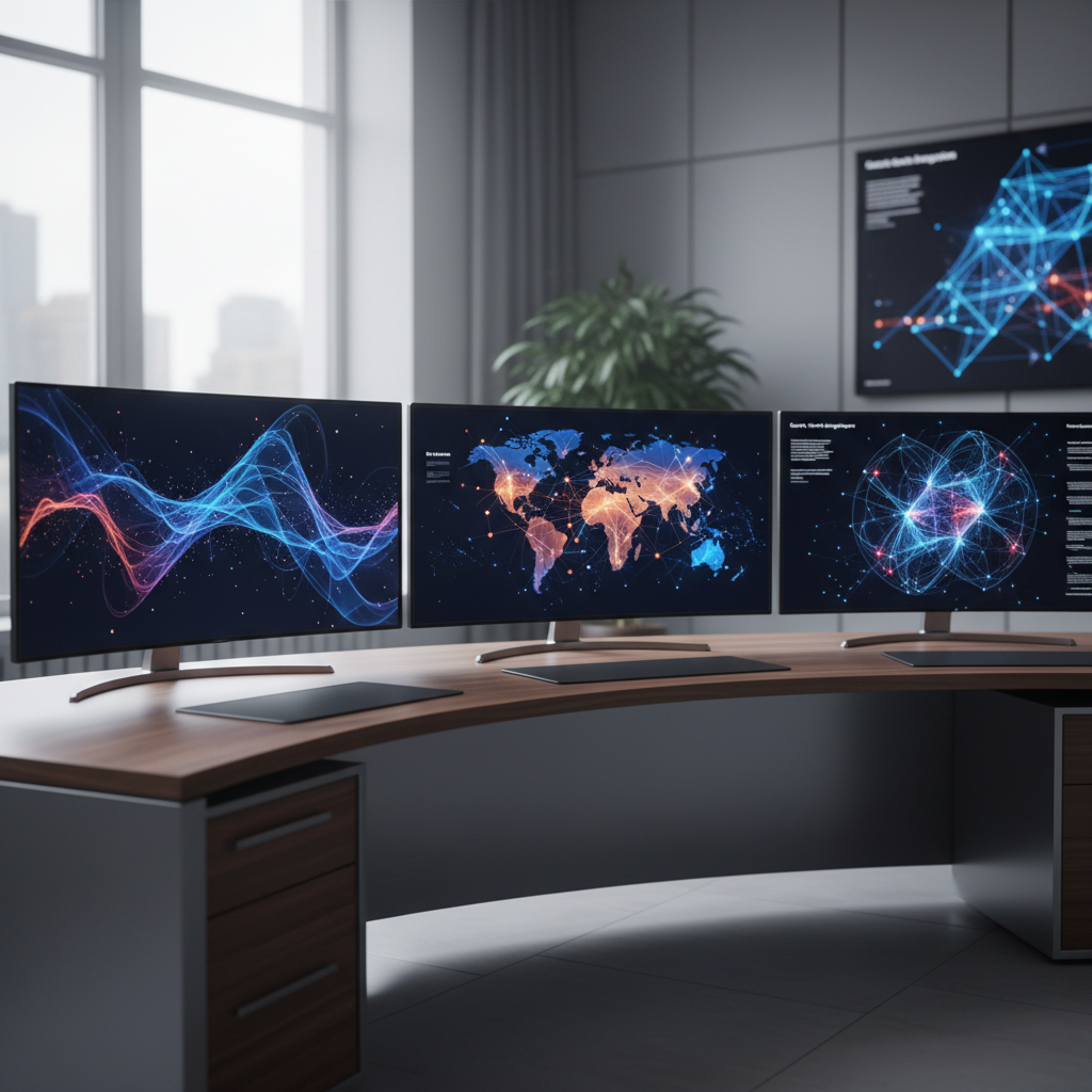 A futuristic workspace with large holographic displays showing complex data graphs, glowing network lines, and digital maps representing global market reach.