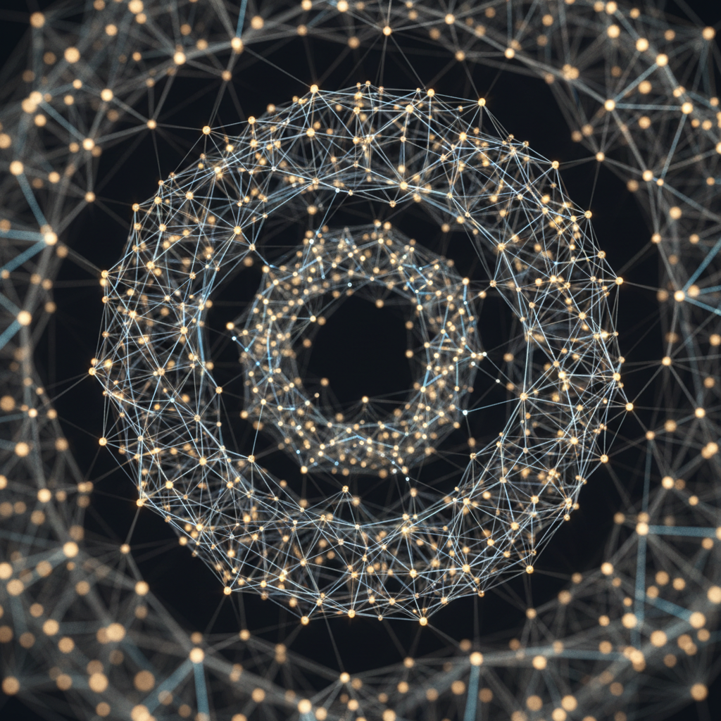 An intricate web of interconnected glowing nodes and lines representing a site's internal link structure and citation graph.