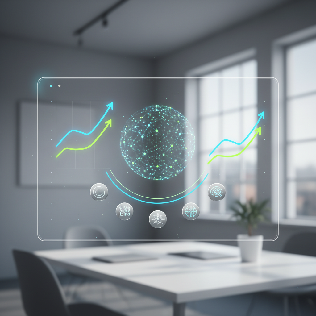 A futuristic digital dashboard showing automated SEO workflows and AI visibility growth charts.